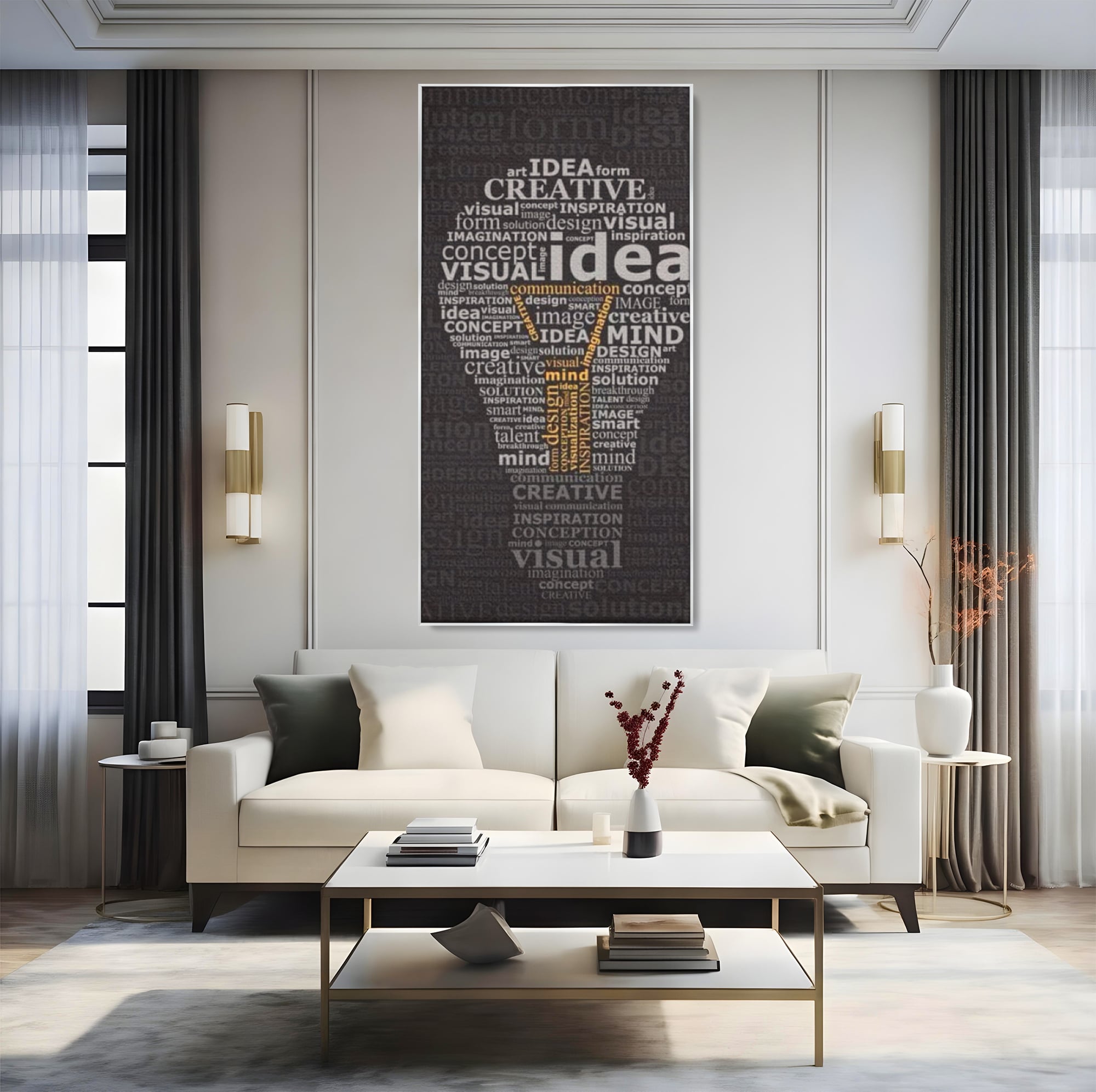Tablou canvas cu tablou canvas cu silueta de bec formata din cuvinte, in rama de aluminiu argintiu, pe perete intr-un living